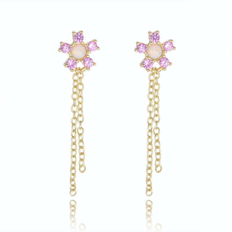 Pink Zircon Flowers Tassel Silver Drop Earrings for Women