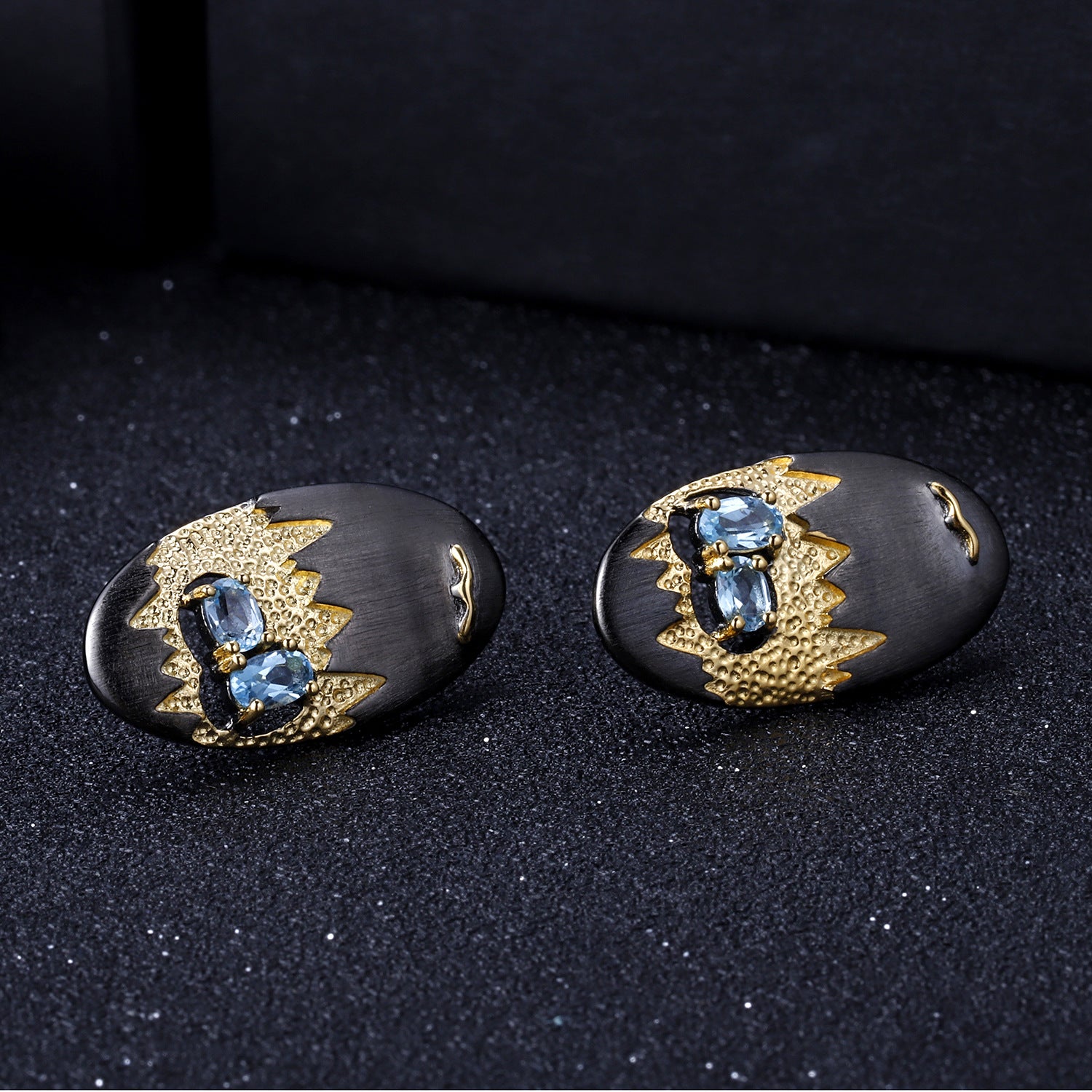 Italian Style Inlaid Natural Topaz Landscape Design Oval Shape Silver Studs Earrings for Women