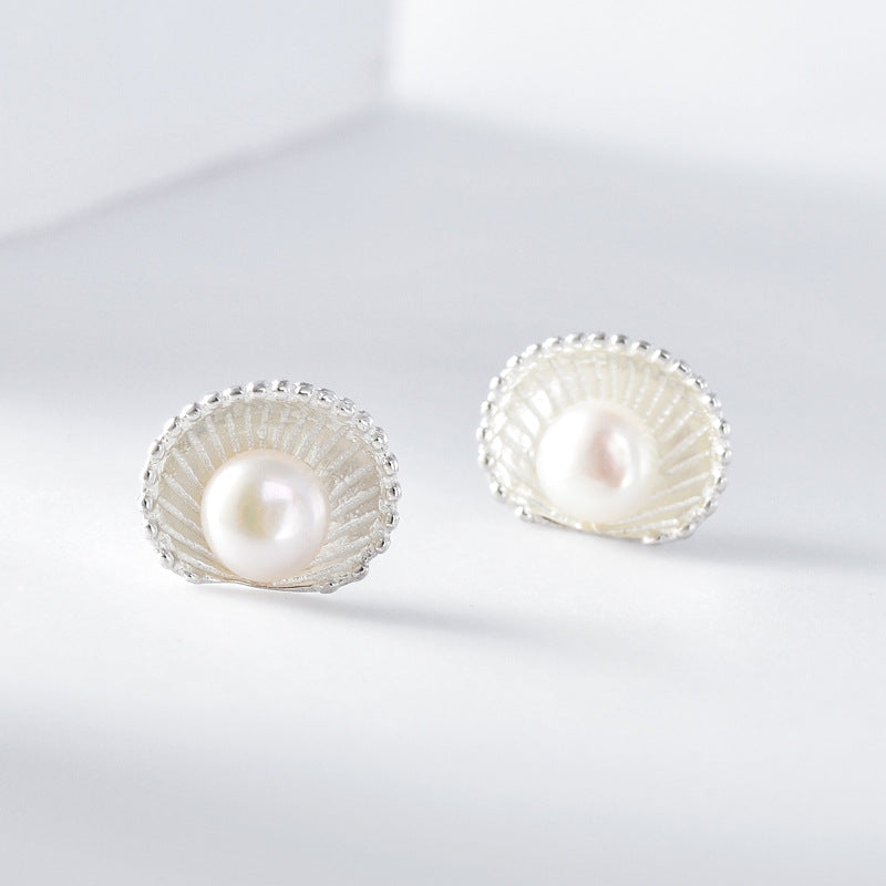 Freshwater Pearl Scallop Silver Stud Earrings for Women