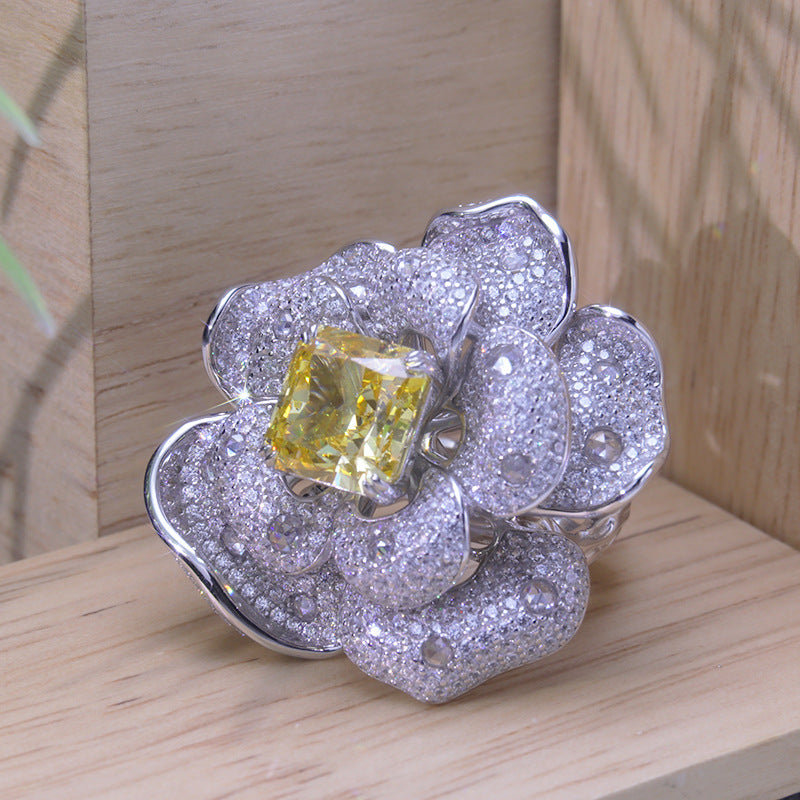 Yellow Zircon 10*10mm Square Ice Cut Luxurious Flower Silver Ring for Women