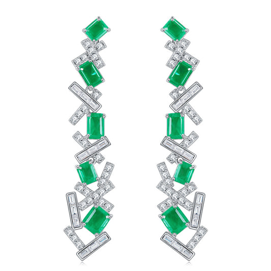 Lab-Created Emerald Irregular Splicing Silver Drop Earrings for Women