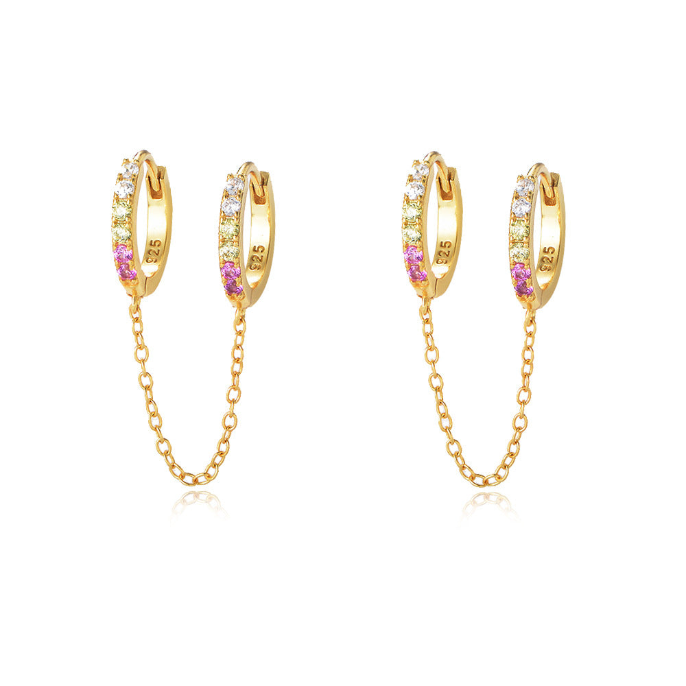 Zircon Double Ear Hole Round Buckle Silver Chain Earring for Women