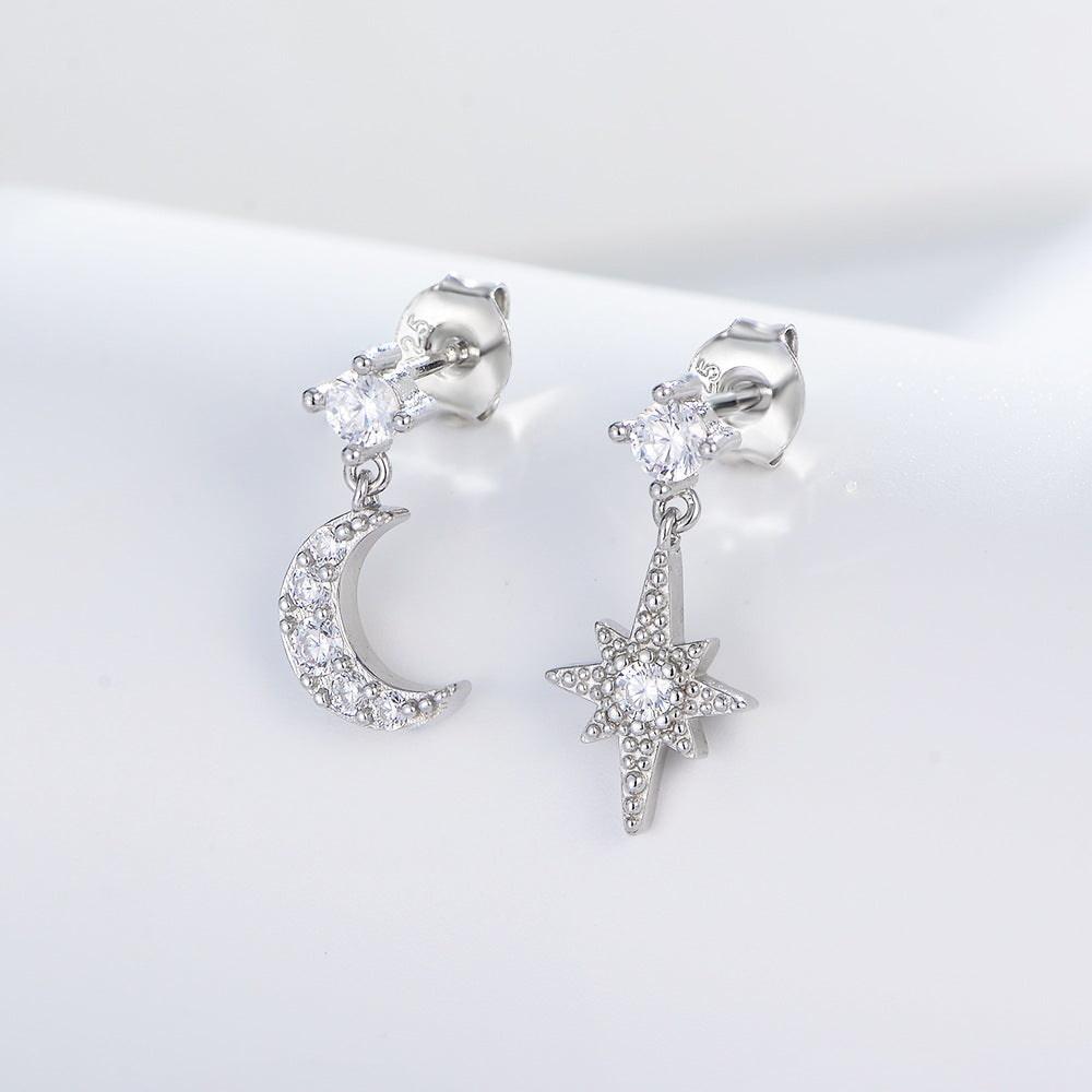 Zircon Star Moon Asymmetric Silver Drop Earrings for Women