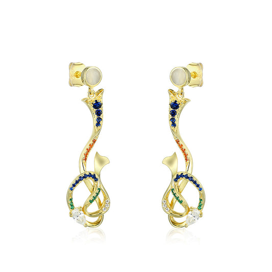 Zircon Ribbon Design with Opal Stone Silver Drop Earrings for Women