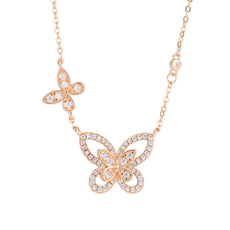 Hollow Double Butterfly with Zircon Silver Necklace for Women