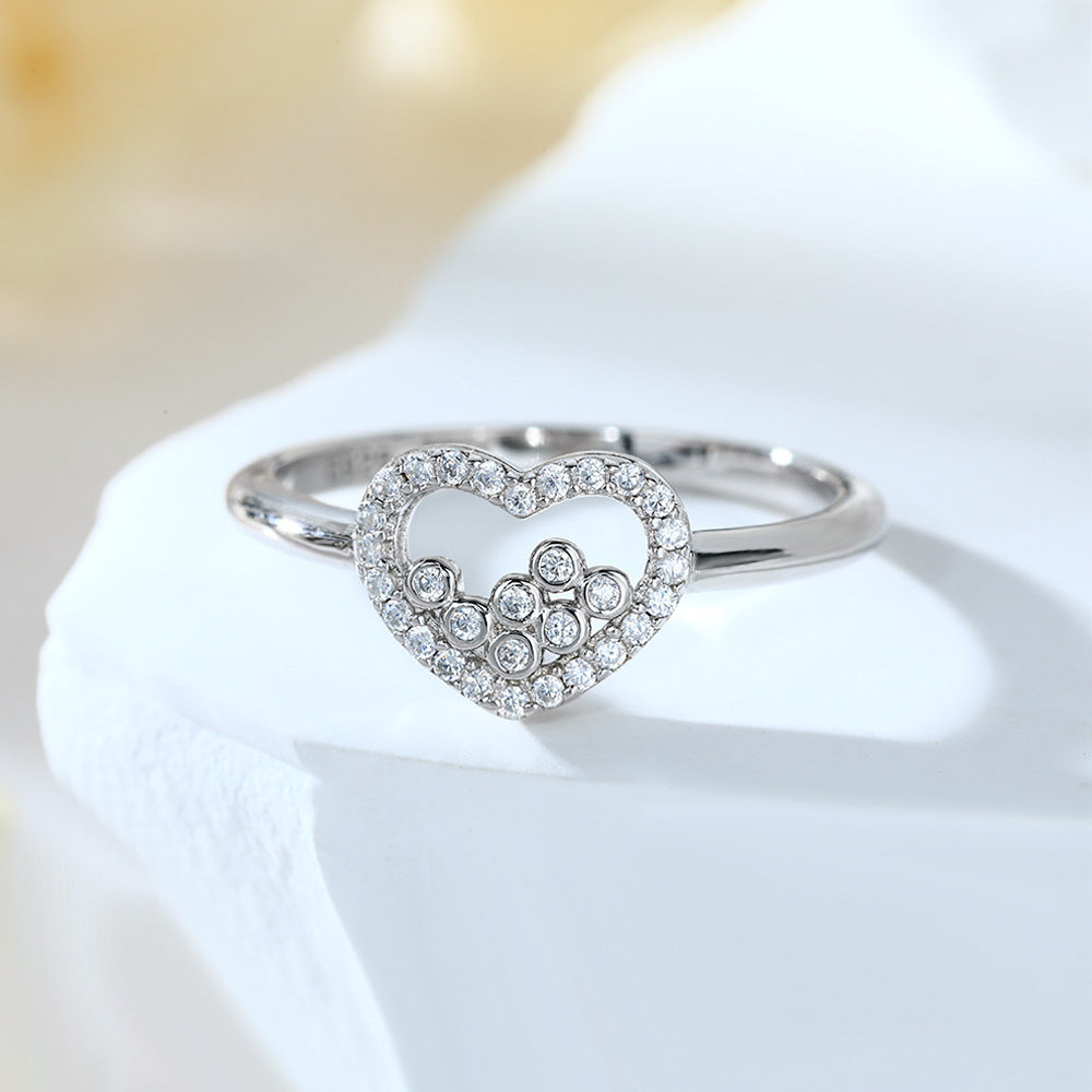 Hollow Zircon Heart Silver Ring for Women