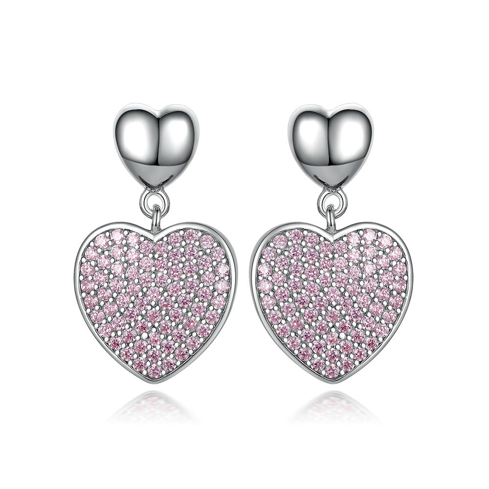 Full Pink Zircon Heart Silver Drop Earrings for Women