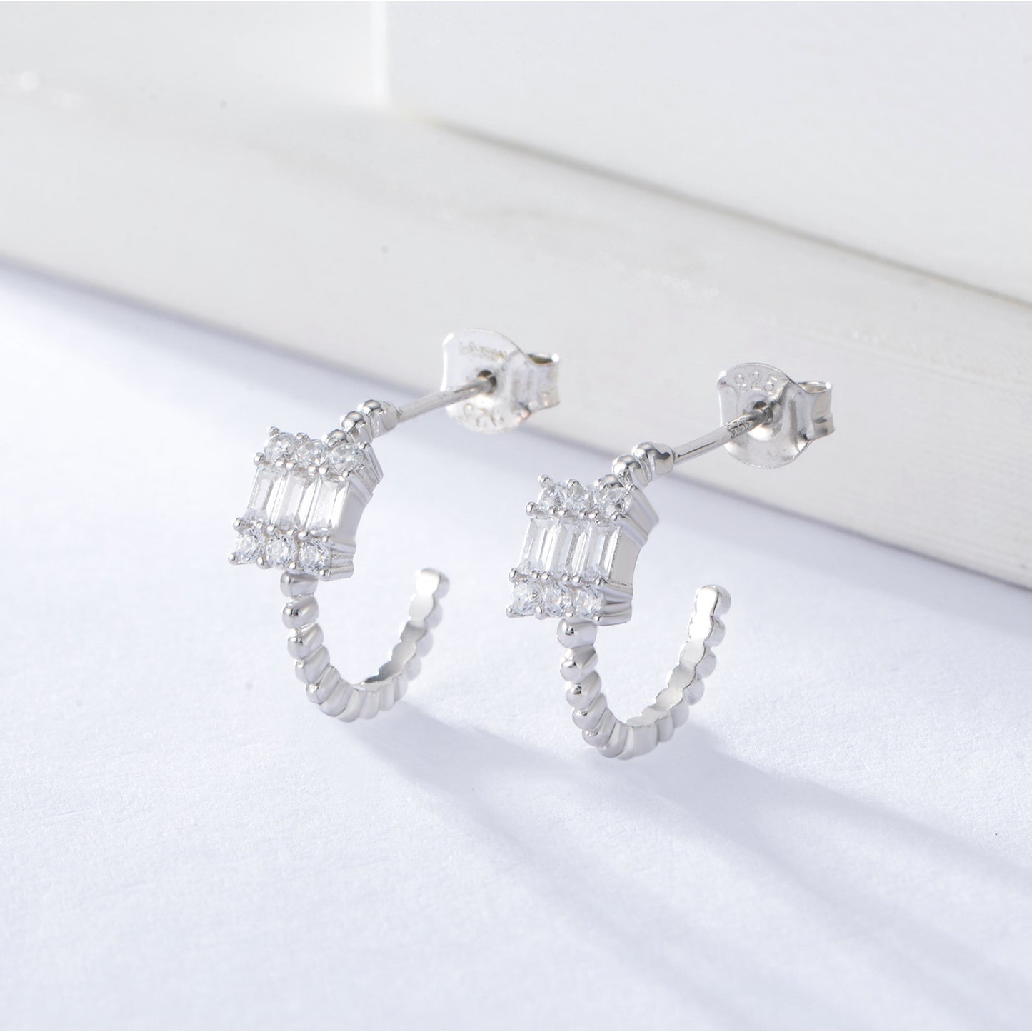 C-shape with Rectangle Zircon Silver Studs Earrings for Women