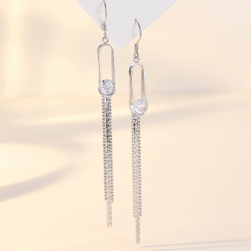 Hollow Oval with Round Zircon Long Tassel Silver Drop Earrings for Women