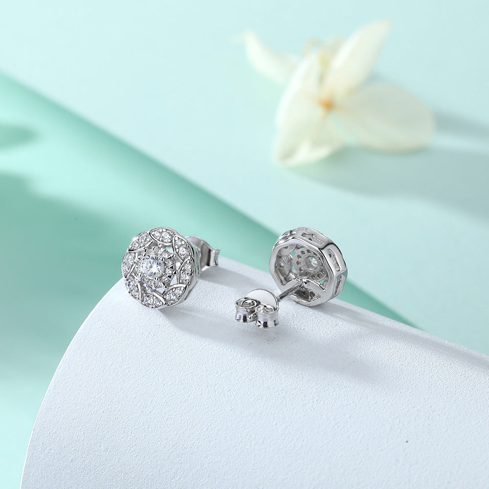 Round Zircon Soleste Halo Flower Silver Studs Earrings for Women