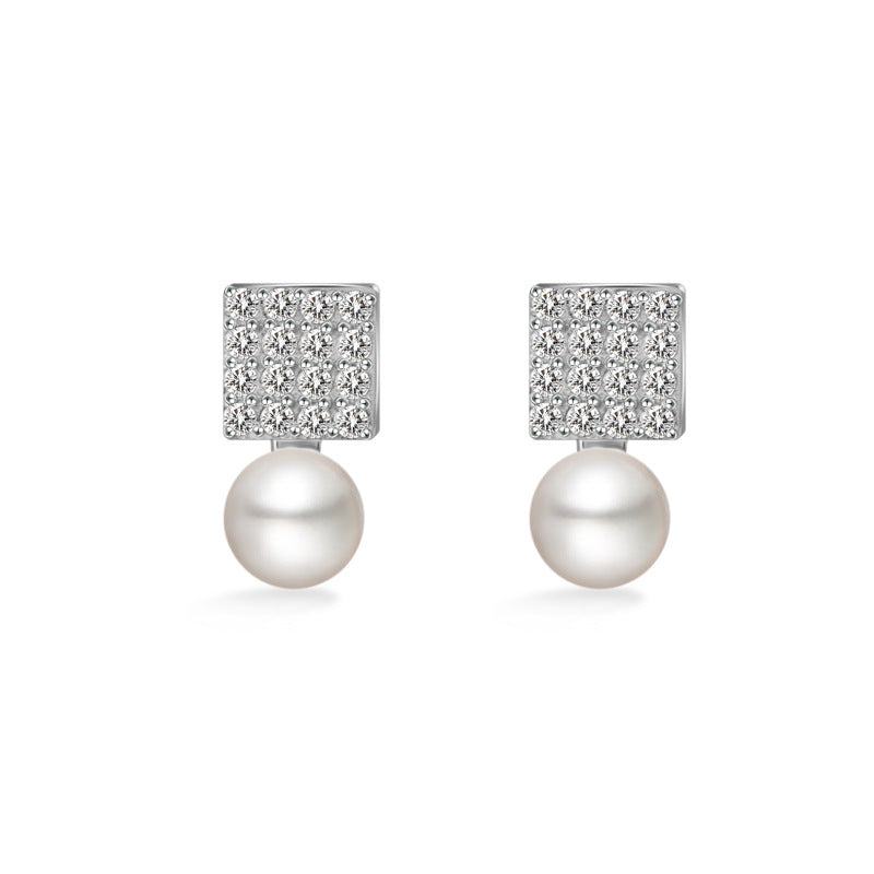 Full Zircon Square with Freshwater Pearl Silver Stud Earrings for Women