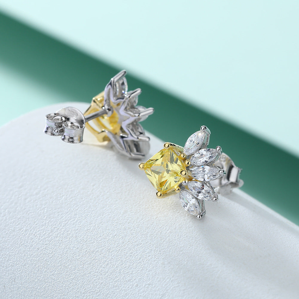 Marquise Shape with Square Yellow Zircon Silver Studs Earrings for Women