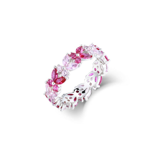 Barbie Pink Zircon Four Leaf Clover Silver Ring for Women