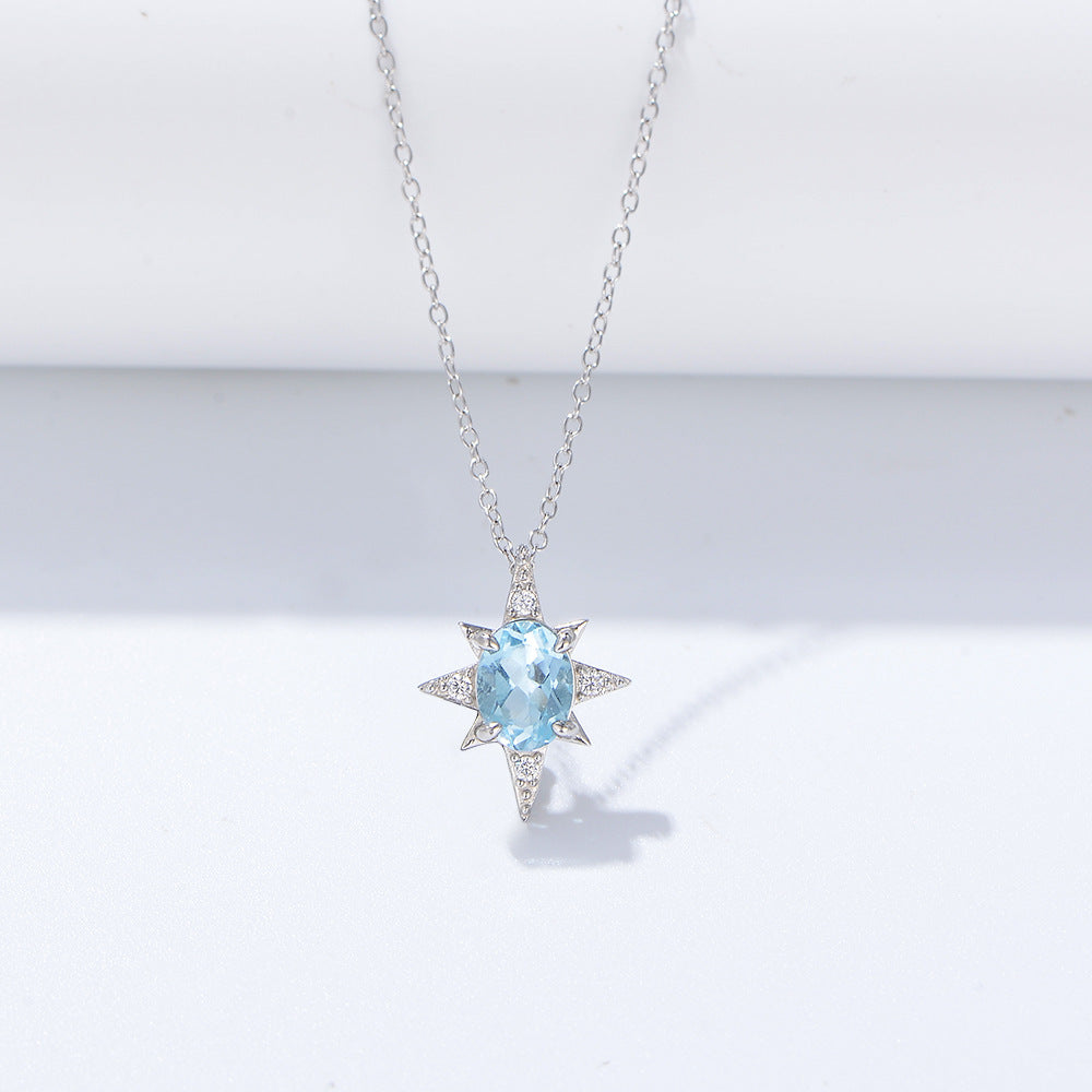 Eight-pointed star with Oval Sky Blue Topaz Pendant Sterling Silver for Women