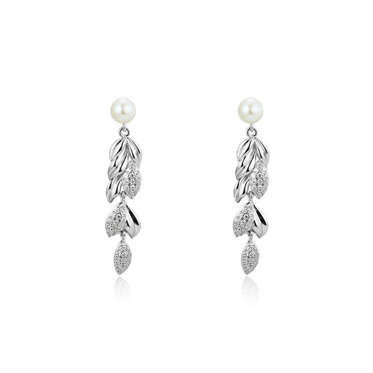 Freshwater Pearl Wheat Ear with Zircon Silver Drop Earrings for Women