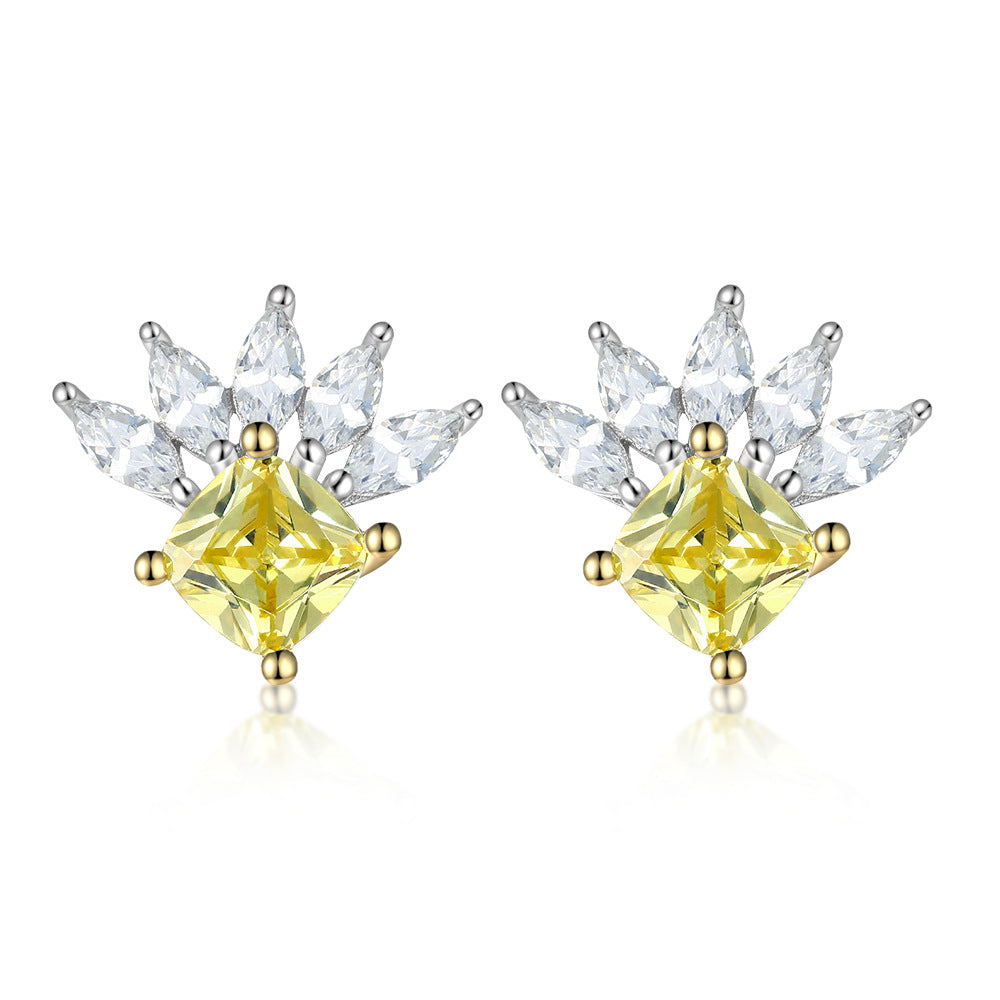 Marquise Shape with Square Yellow Zircon Silver Studs Earrings for Women