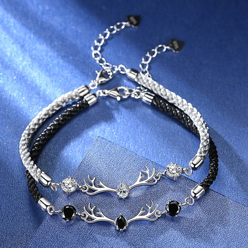 Two Colour Zircon Silver Deer Woven Rope Couple Bracelets for Women