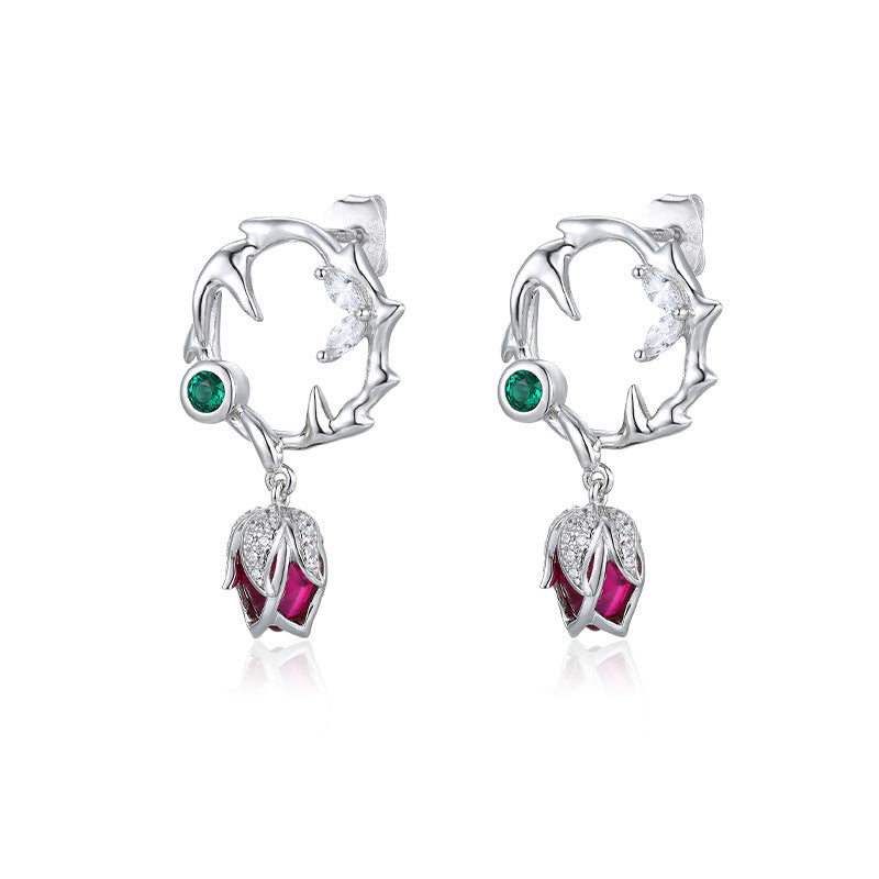 Circle Thorn Rose Red Corundum with Zircon Silver Drop Earrings for Women