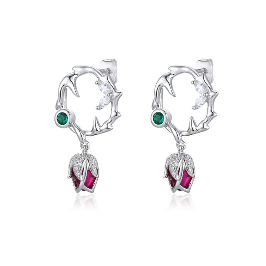 Circle Thorn Rose Red Corundum with Zircon Silver Drop Earrings for Women