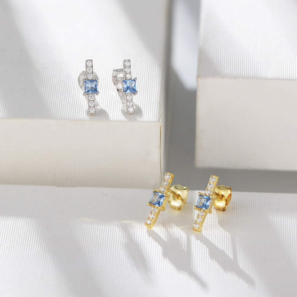 Geometric Square Blue Zircon Silver Studs Earrings for Women