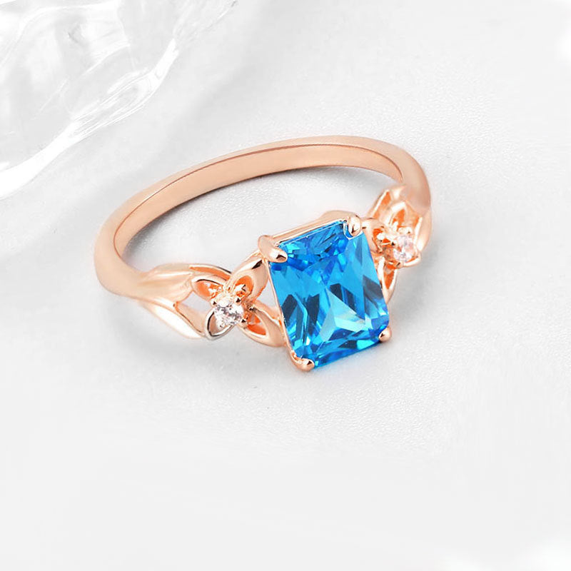 8*6mm Rectangle Blue Zircon Flower Silver Ring for Women