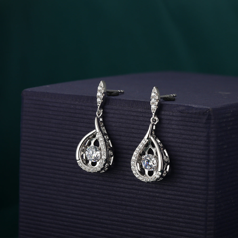 Geometric Pear Drop Hollow Zircon Silver Drop Earrings for Women