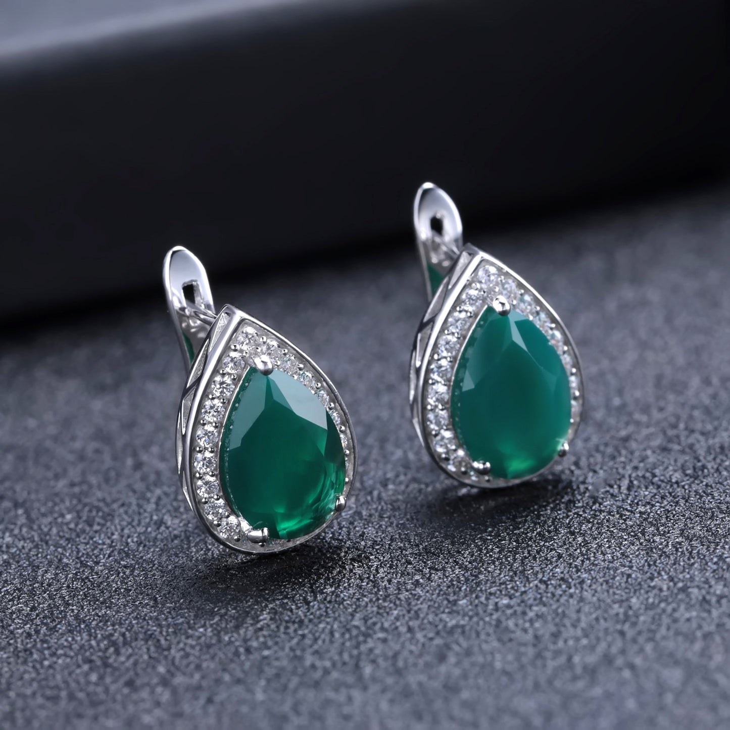 Natural Green Agate Soleste Halo Pear Drop Silver Studs Earrings for Women