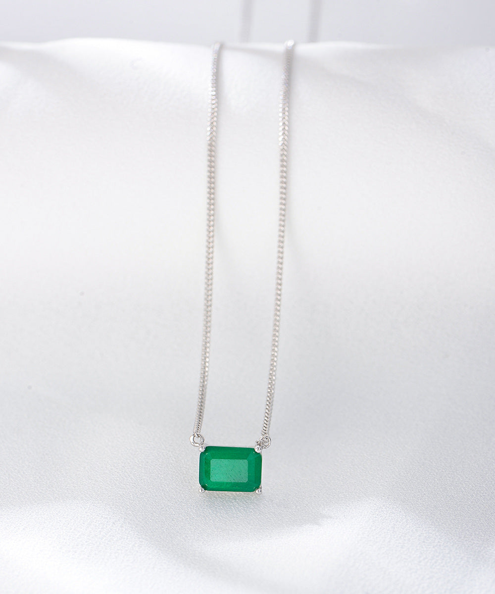 Single Emerald Colour Rectangle Zircon Pendant Silver Necklace for Women