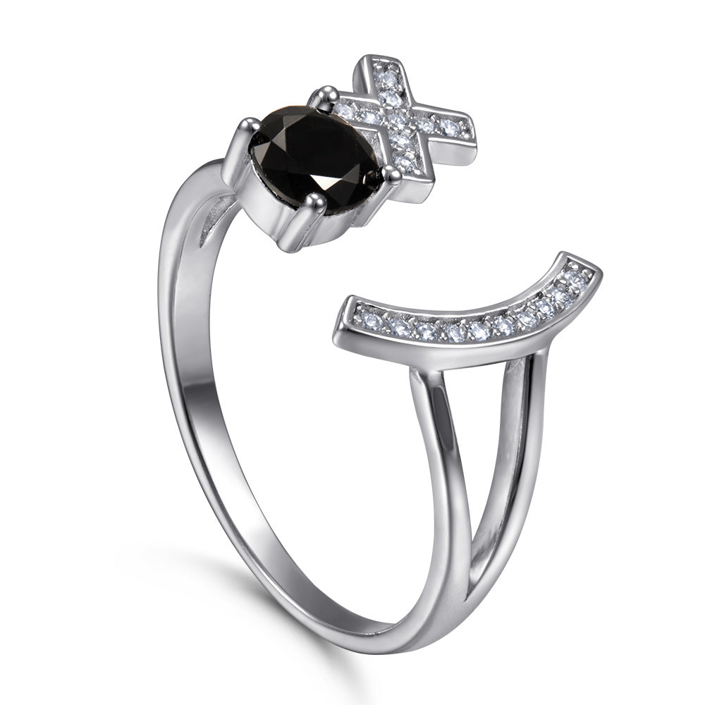 Style Black Round Zircon with X Silver Ring