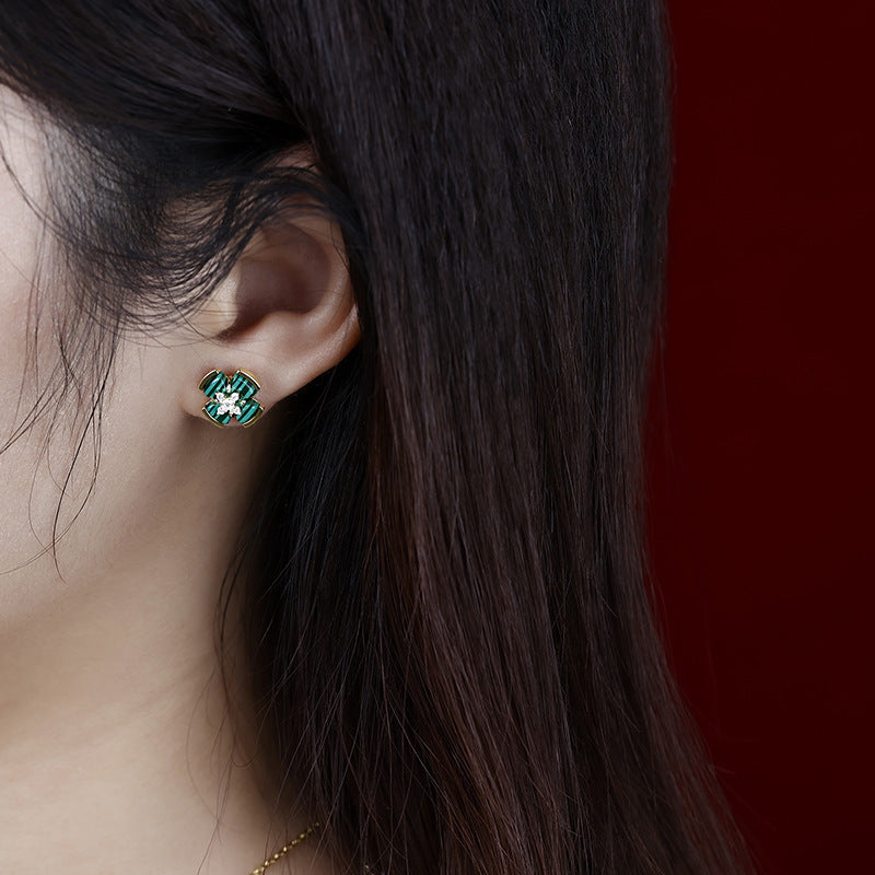 Malachite Windmill with Zircon Silver Studs Earrings for Women