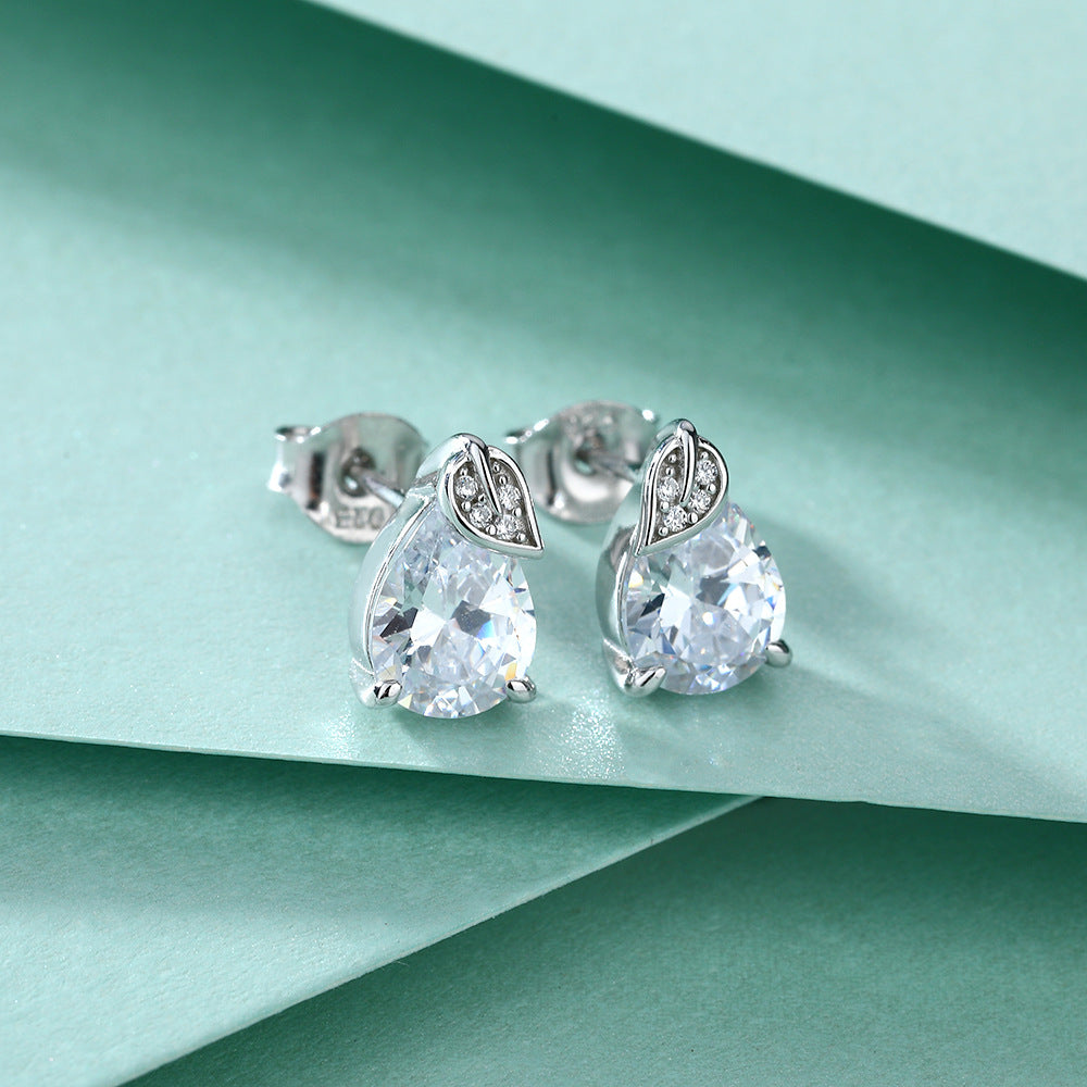 Pear Drop Zircon with Leaf Silver Studs Earrings for Women