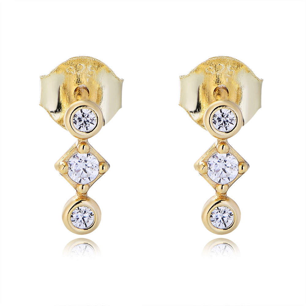 Geometric Beading Mini Zircon Silver Studs Earrings for Women