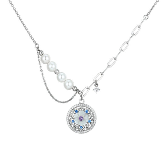 Mother-of-pearl and Zircon with Beading Pearl Circle Pendant Silver Necklace for Wome