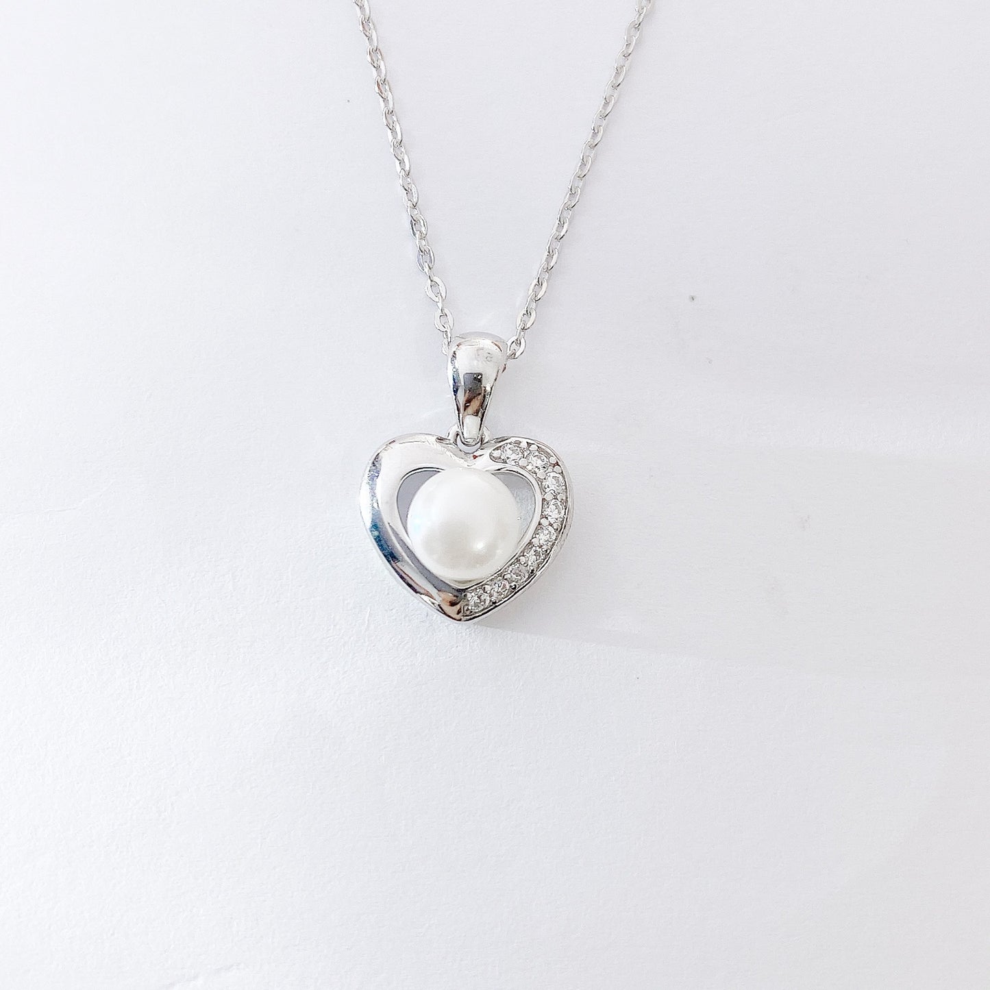 Half Zircon Hollow Heart with Natural Pearl Pendant Silver Necklace for Women