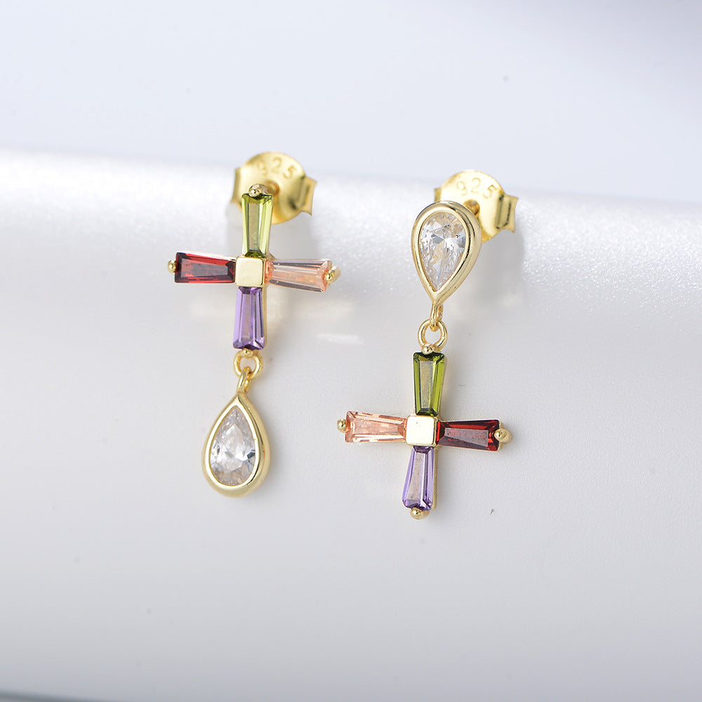 Water Drop Colourful Zircon Cross Asymmetric Silver Drop Earrings for Women