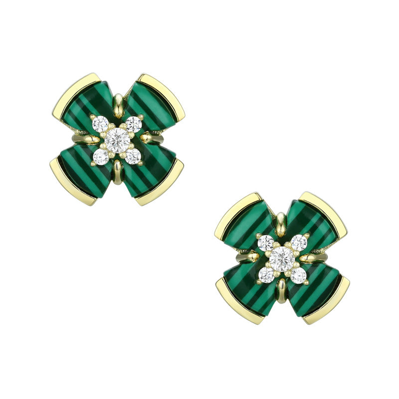 Malachite Windmill with Zircon Silver Studs Earrings for Women