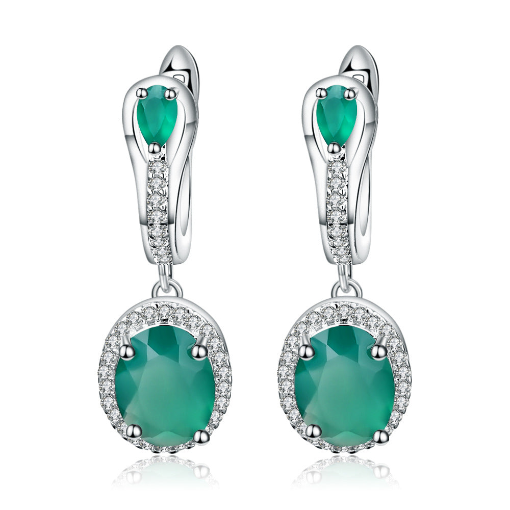 Natural Green Agate Soleste Halo Oval Shape Silver Drop Earrings for Women