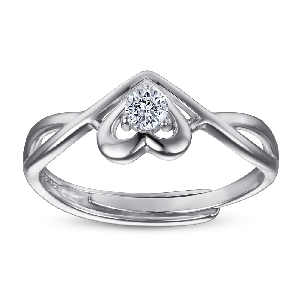 Hollow Heart with Round Zircon Modern Split Shank Silver Ring for Women