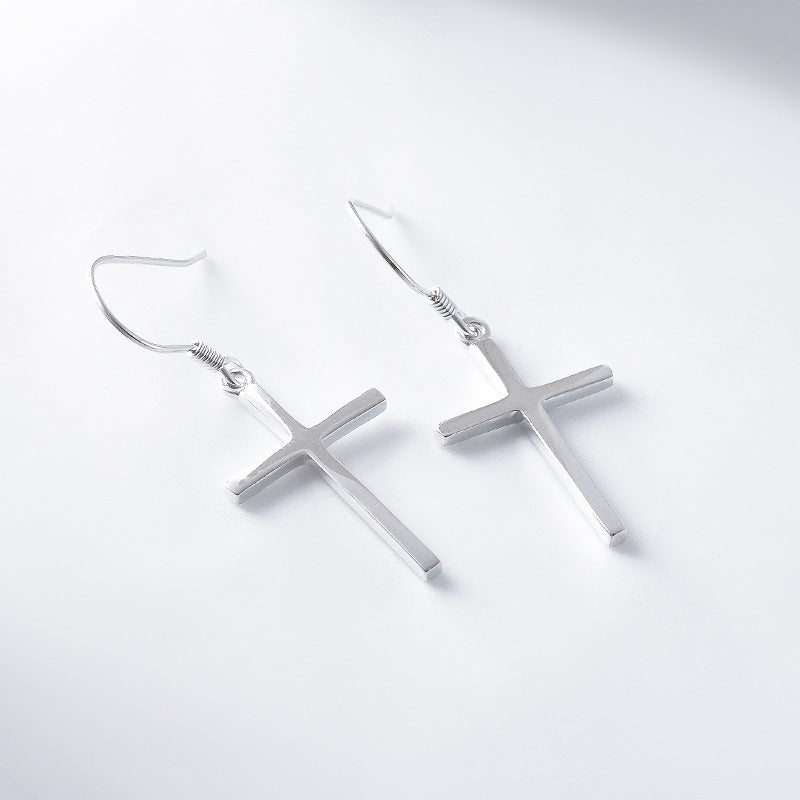 Polished Cross Pendant Silver Drop Earrings for Women