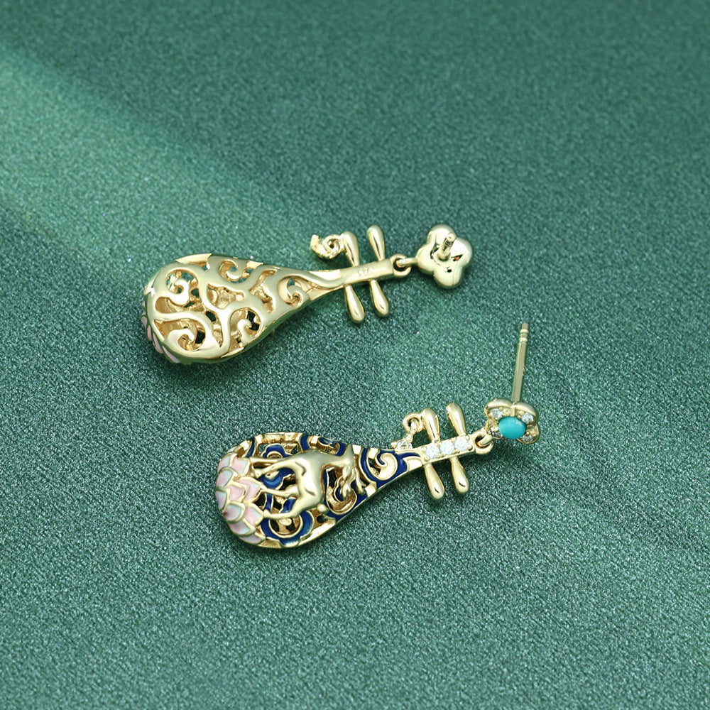 Deer Pipa with Turquoise and Zircon Silver Drop Earrings for Women