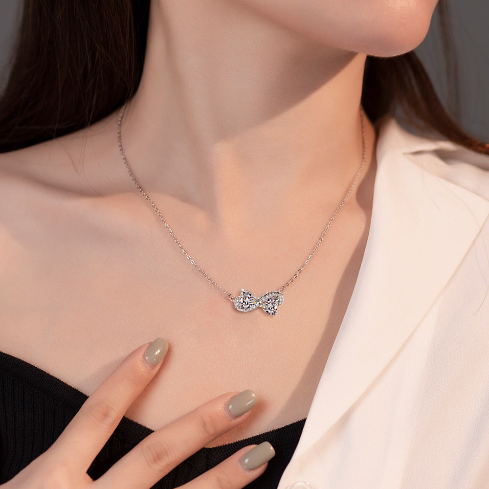 Double Heart Zircon Pendant Silver Necklace for Women