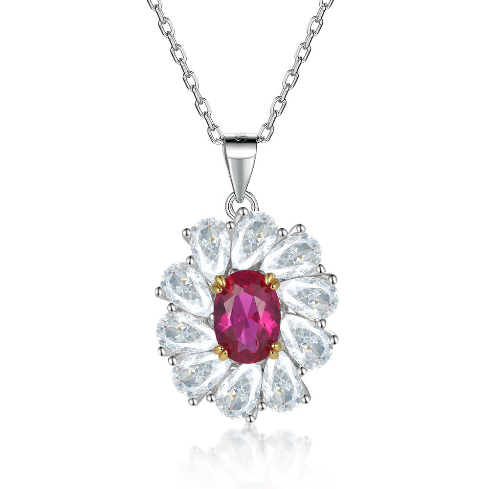 Oval Red Zircon Flower Shape Pendant Silver Necklace for Women