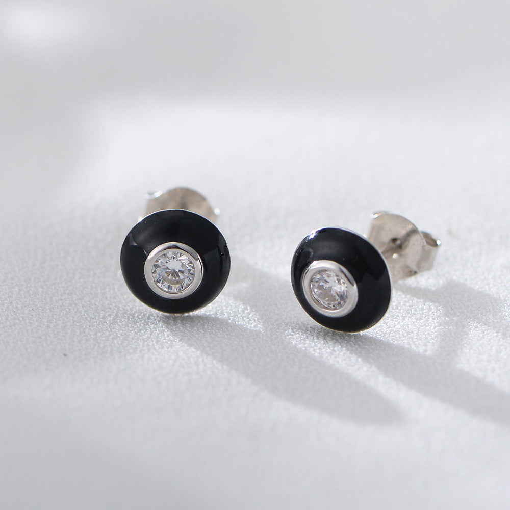 Retro Round Single Zircon Silver Studs Earrings for Women