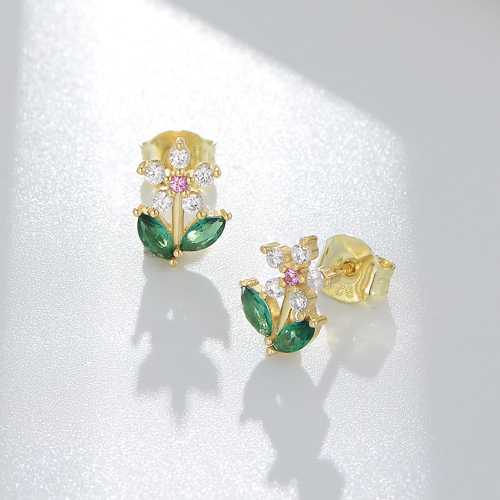 Colourful Zircon Small Flower Silver Studs Earrings for Women