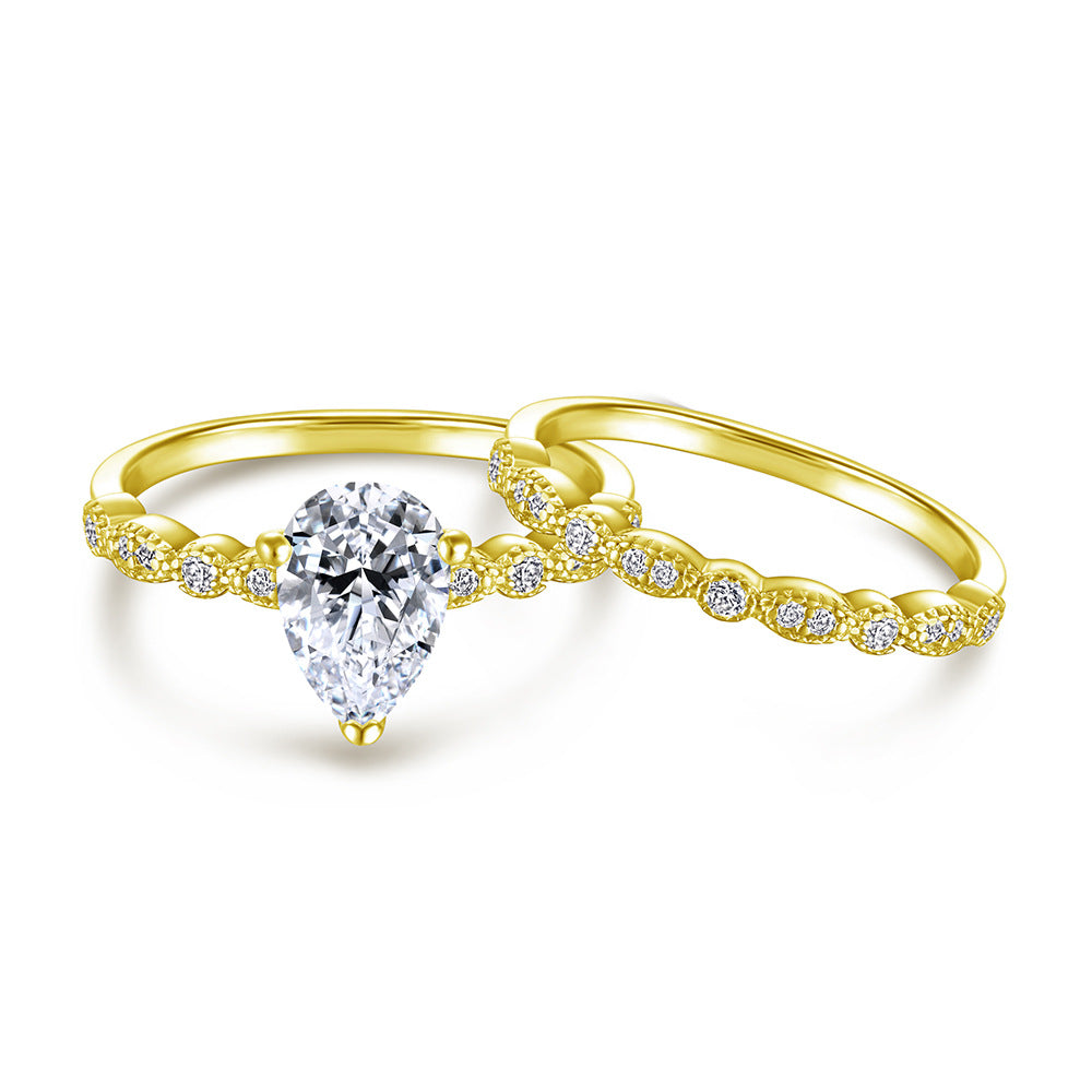 Pear Drop Zircon Solitaire with Beading Silver Ring Set