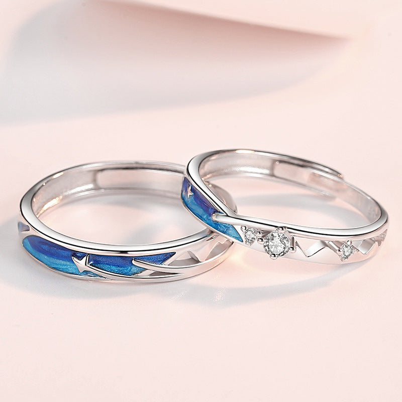 Blue Colour Meteor with Zircon Silver Couple Ring for Women