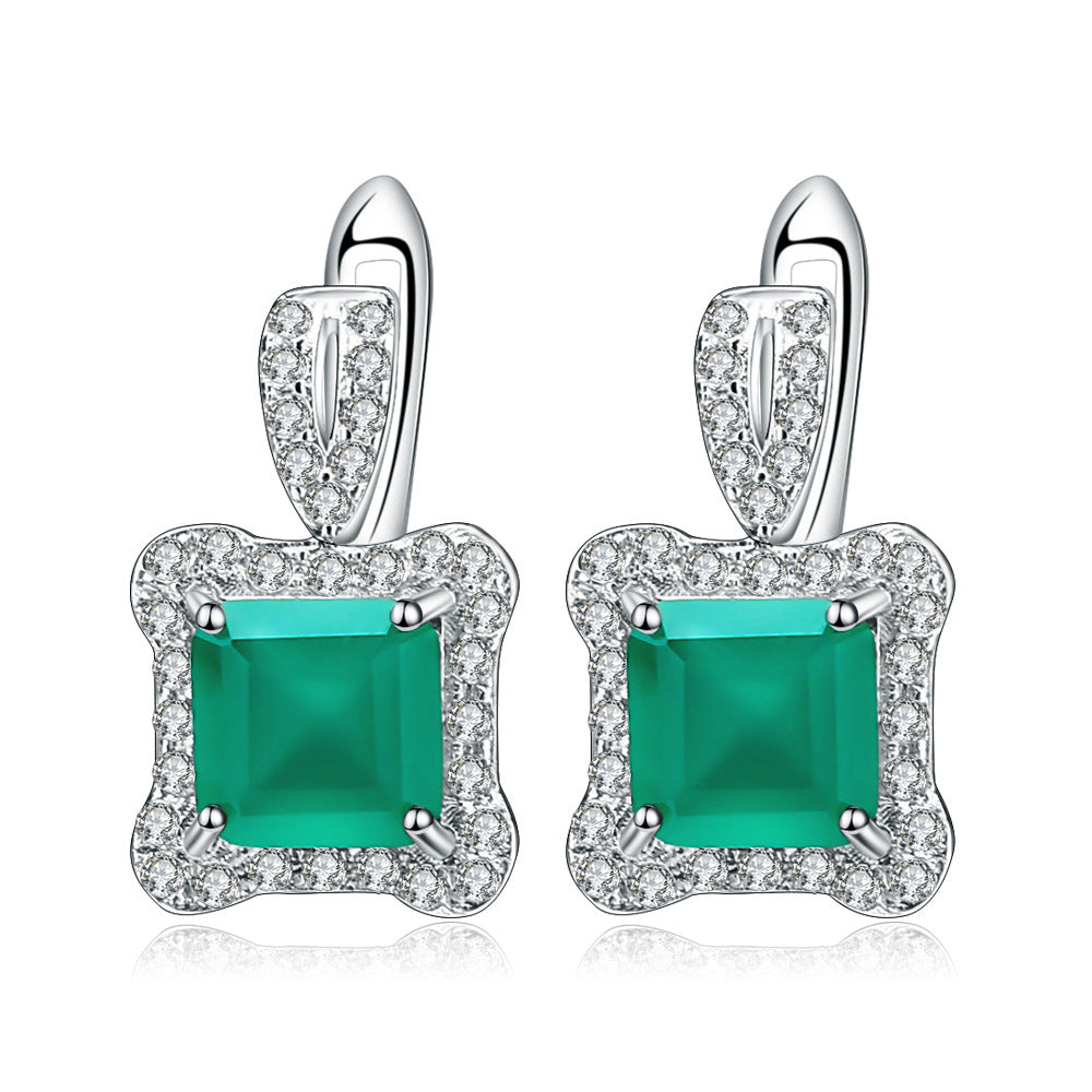 Natural Green Agate Soleste Halo Square Silver Studs Earrings for Women