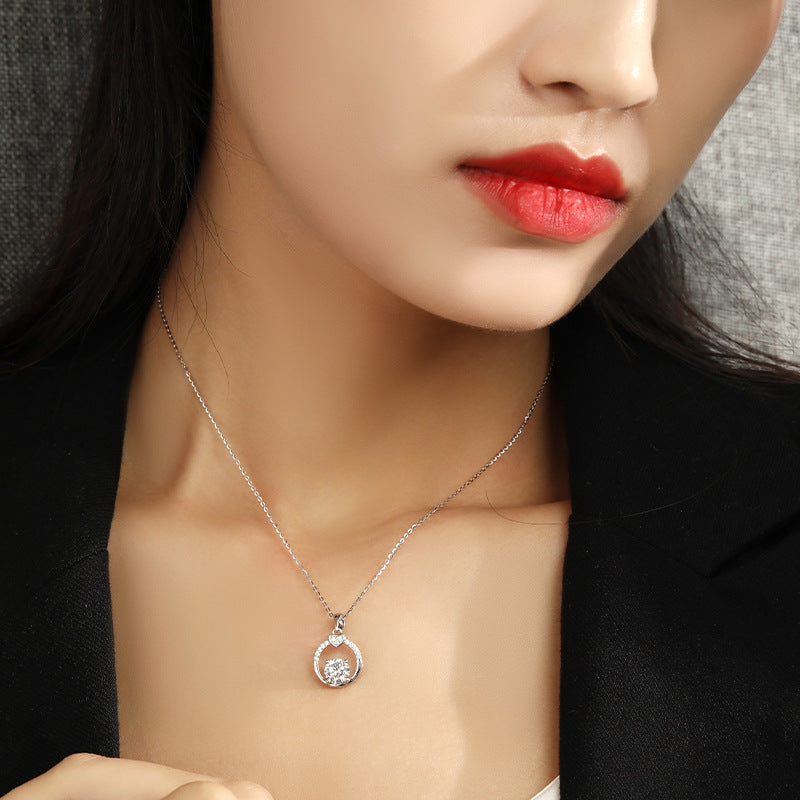 Round Zircon Hollow Circle with Small Heart Pendant Silver Necklace for Women