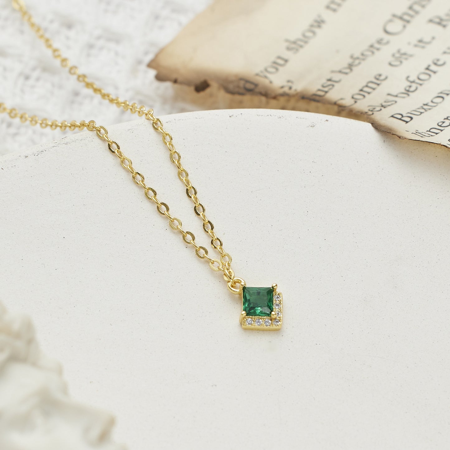 Green Zircon Square Pendant Silver Necklace for Women