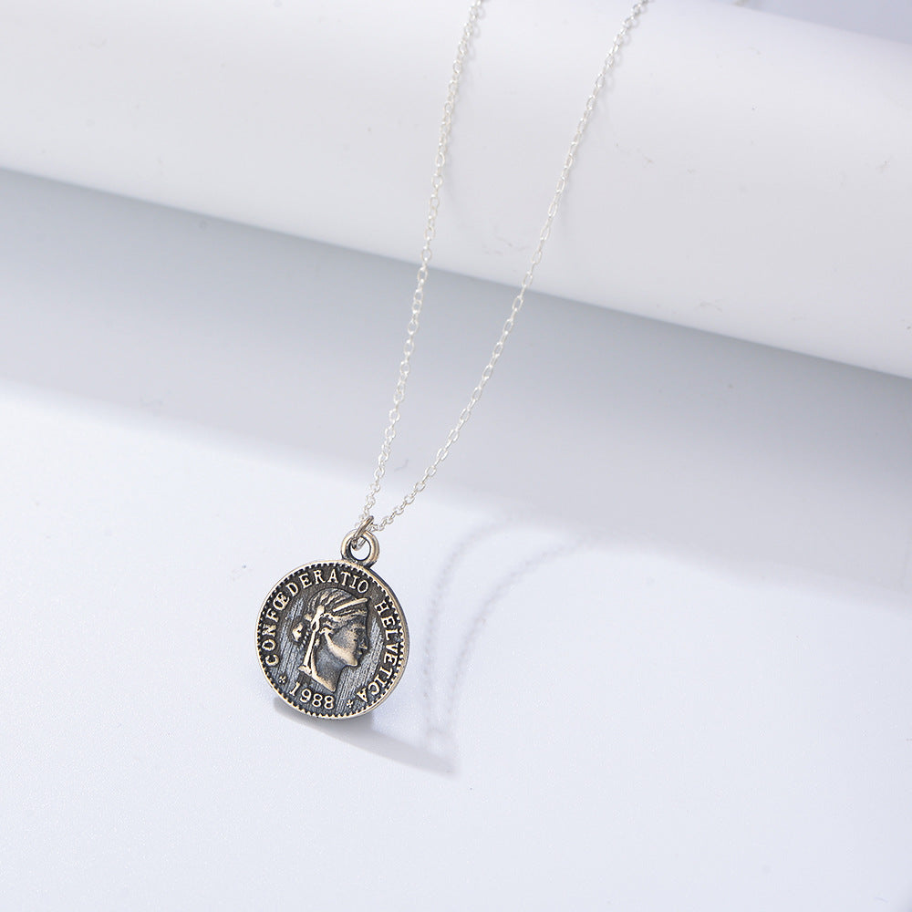 Vintage Coin Design Pendant Sterling Silver Necklace for Women